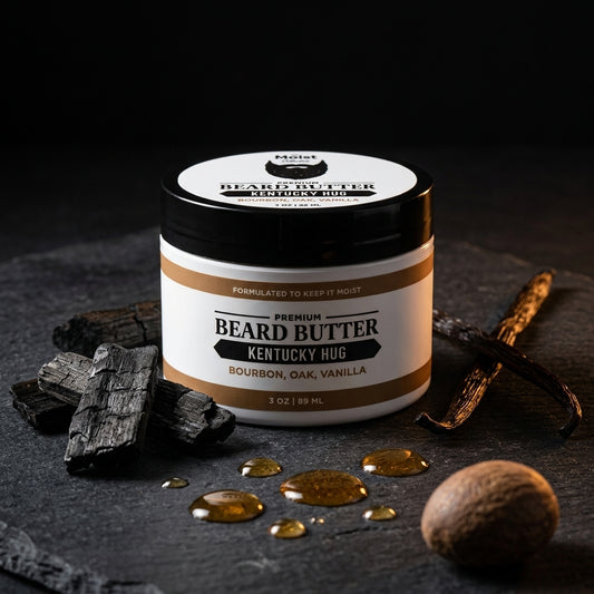 Jar of beard butter with natural ingredients on a dark surface