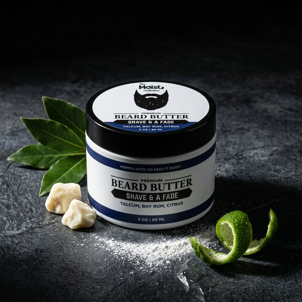 Jar of beard butter with leaves and lime on a dark surface